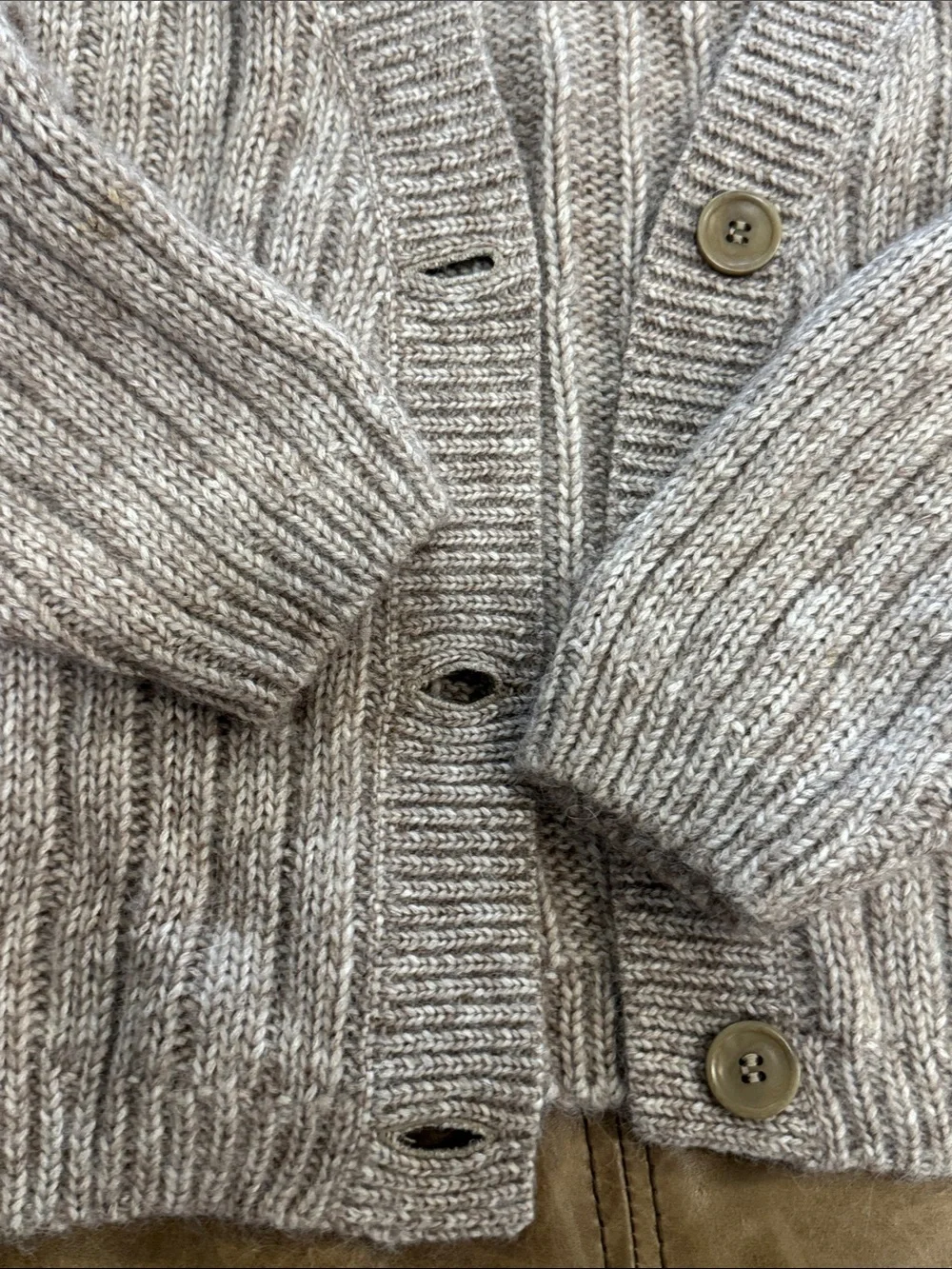 MATE the Label Luxe Alpaca Ribbed Button-Front Cardigan in Bark Taupe Small